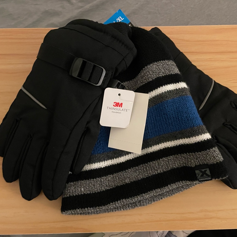Boys reversable beanie & winter glovess set, black, L/LX